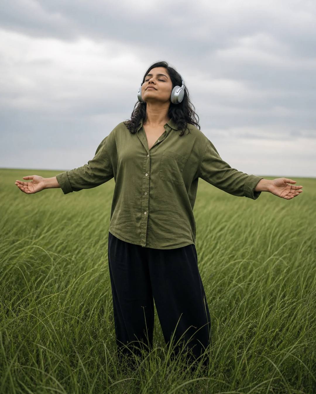 Green Field Headphones Arms Outstretched Photo Prompt, image 3