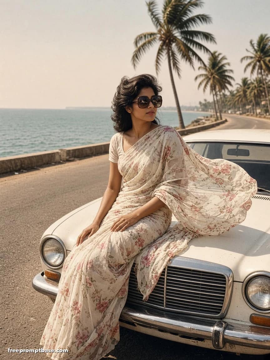 Gemini 80s Photo Prompt: Chiffon Saree Vintage Car, image 2