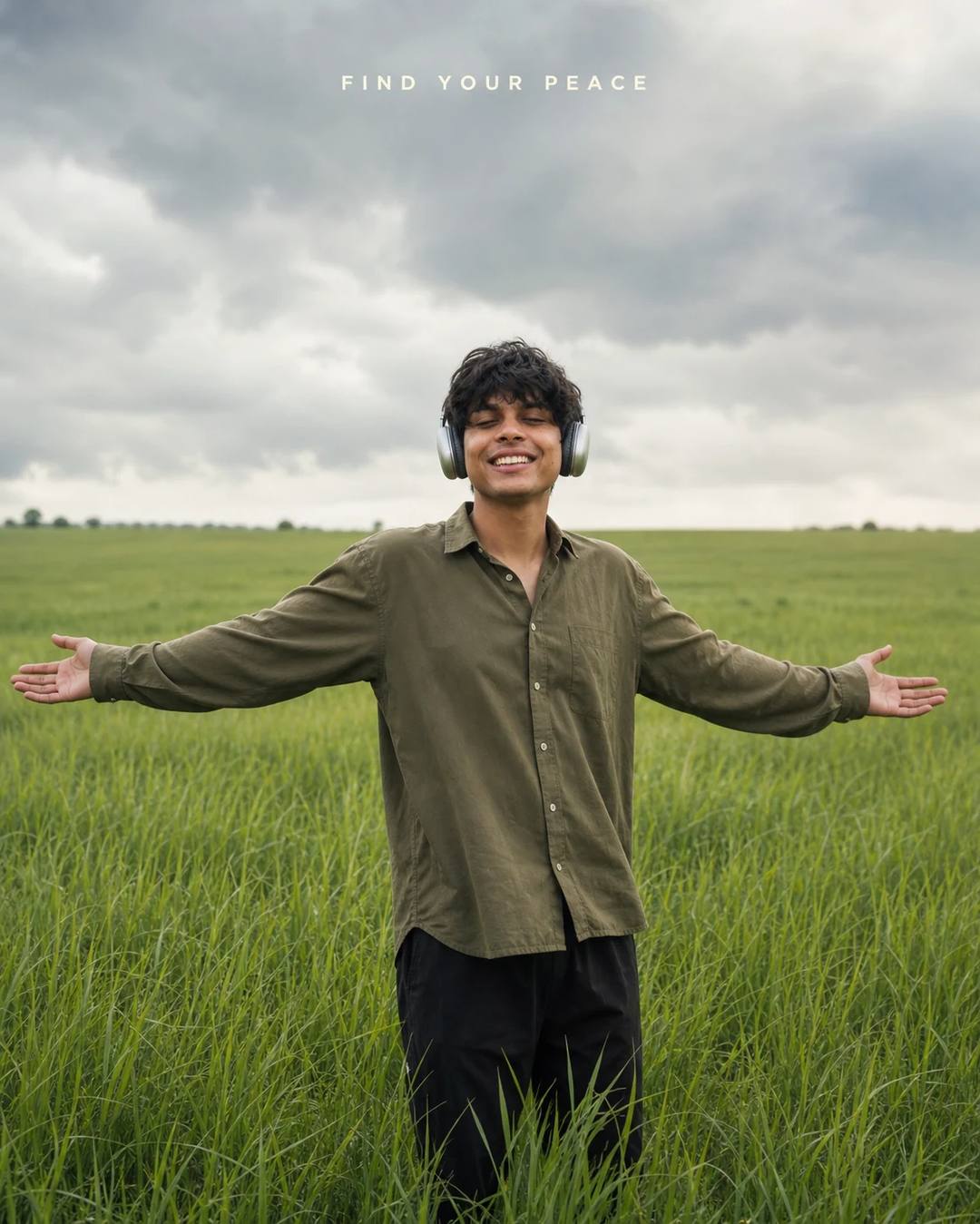 Green Field Headphones Arms Outstretched Photo Prompt, image 1