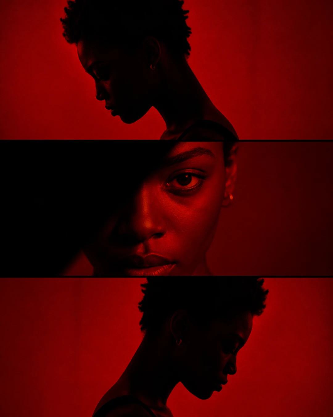 Crimson Three-Panel Portrait Collage AI Prompt, image 3