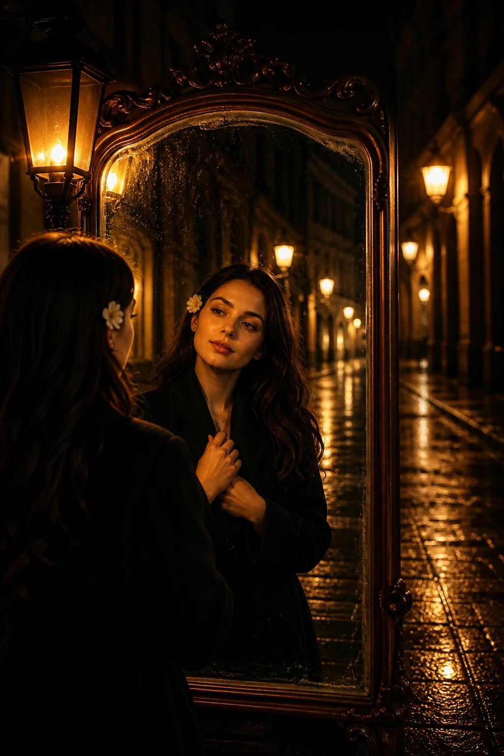 Vintage Mirror Reflection Night Portrait Prompt, image 3