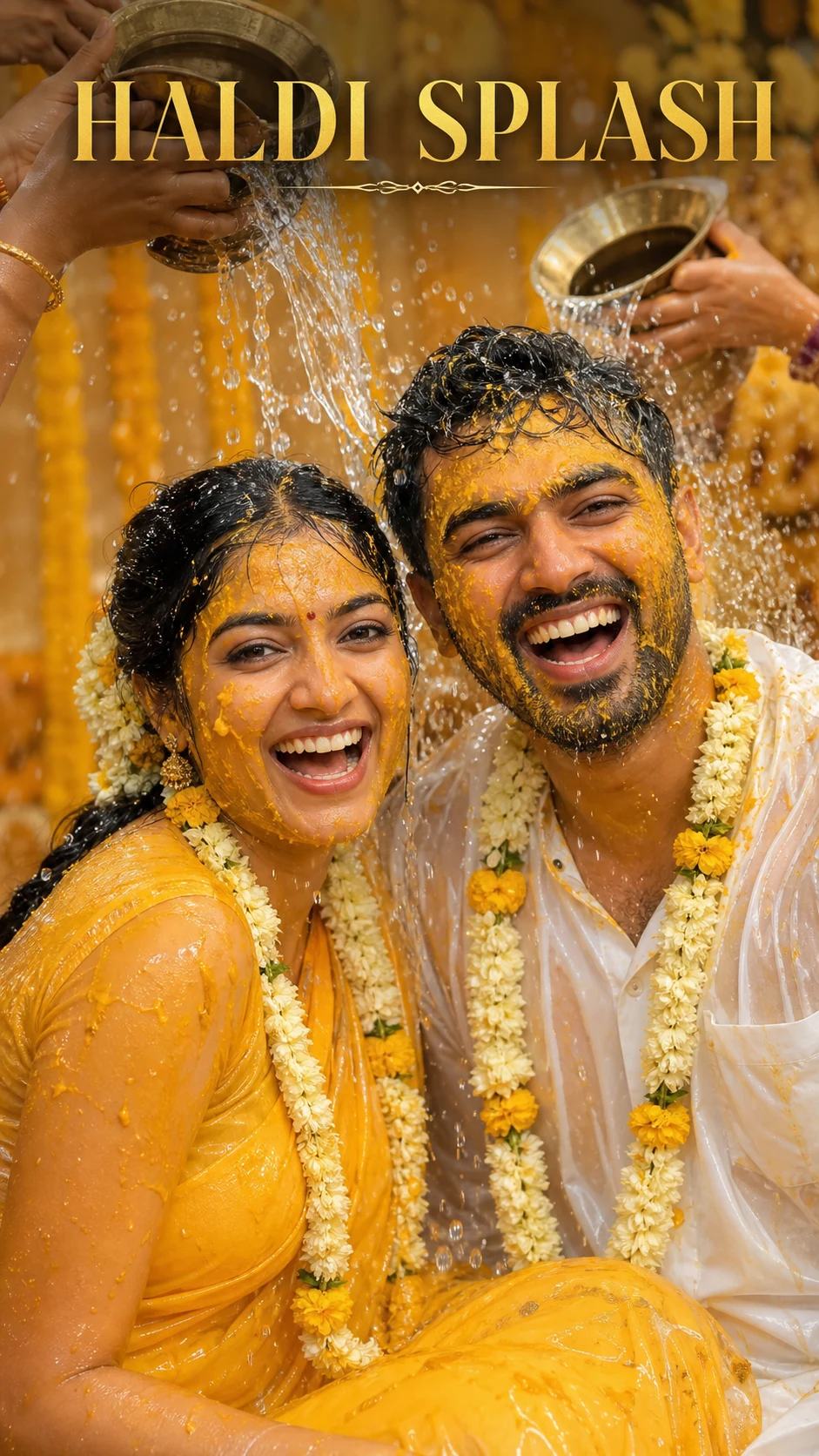 Joyful Water Splash Haldi Couple Portrait Prompt, image 1