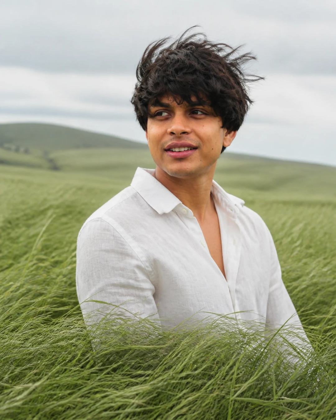 Windy Green Field White Linen Portrait Prompt, image 2