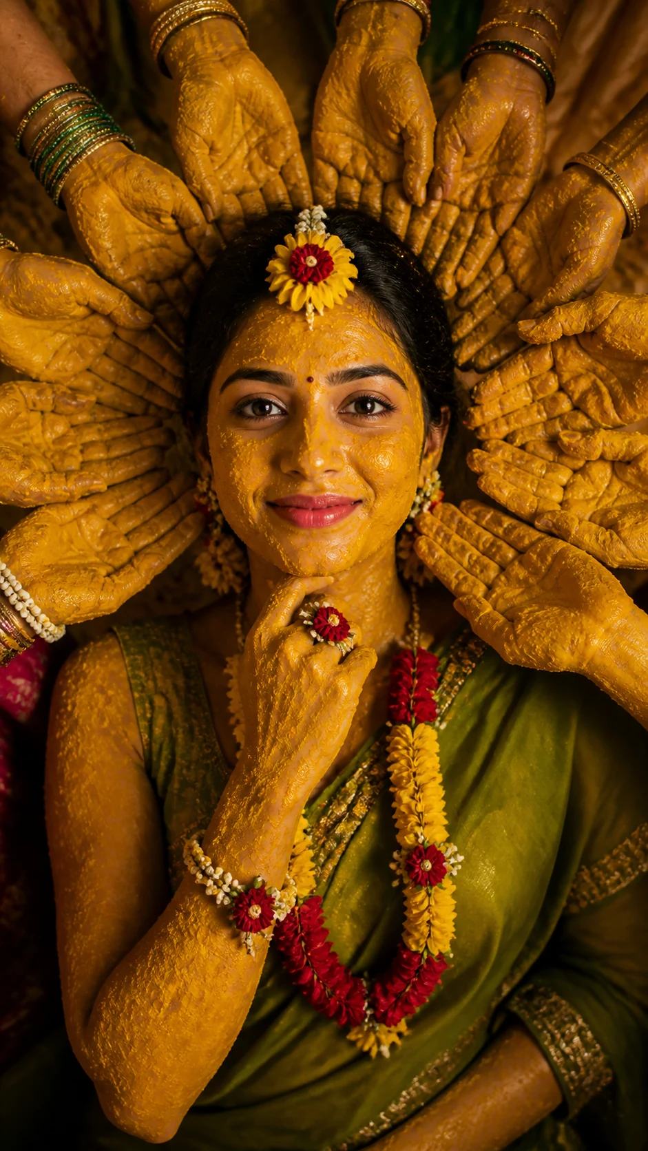 Overhead Haldi Hands Halo Bridal Portrait Prompt, image 4