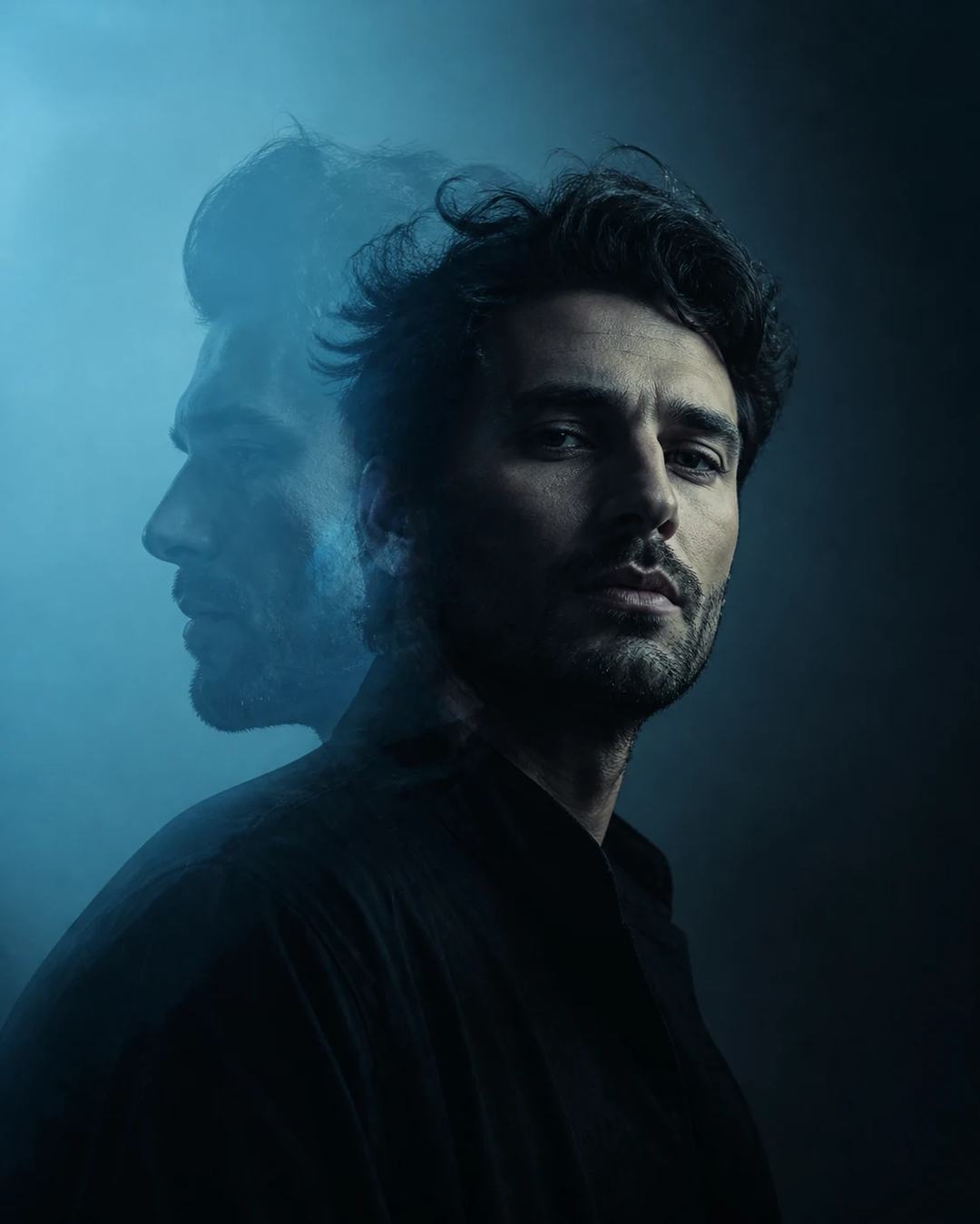 Teal Cyan Double-Exposure Portrait Poster Prompt, image 1