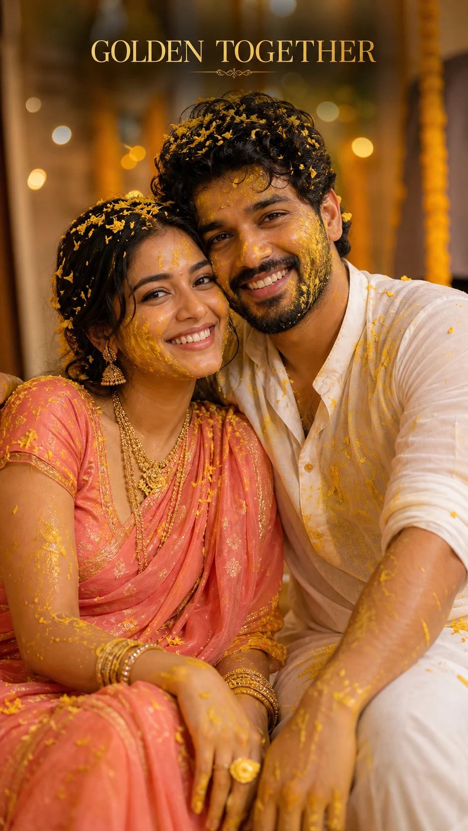 Dreamy Cheek-to-Cheek Haldi Couple Portrait Prompt, image 1