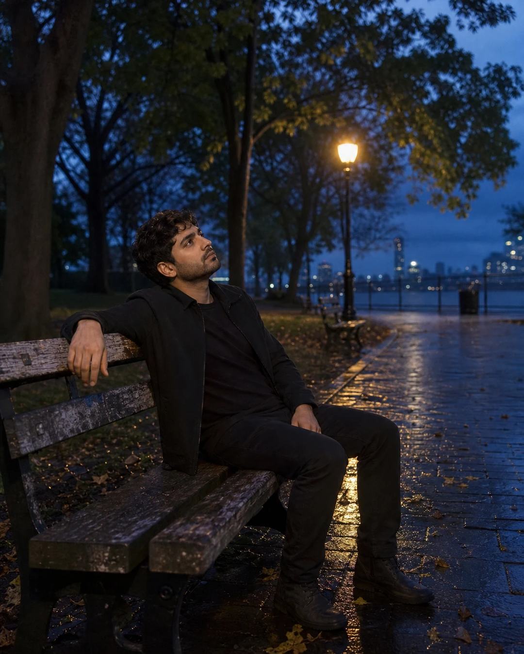 Quiet Park Bench Blue Hour Portrait Photo Prompt, image 3