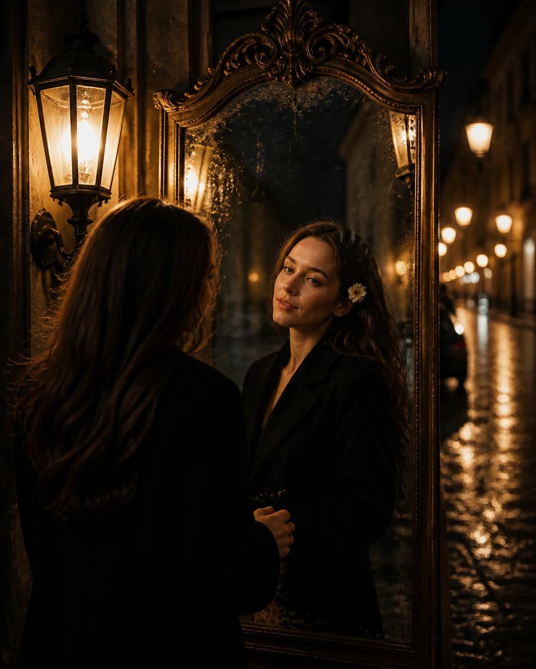 Vintage Mirror Reflection Night Portrait Prompt, image 2