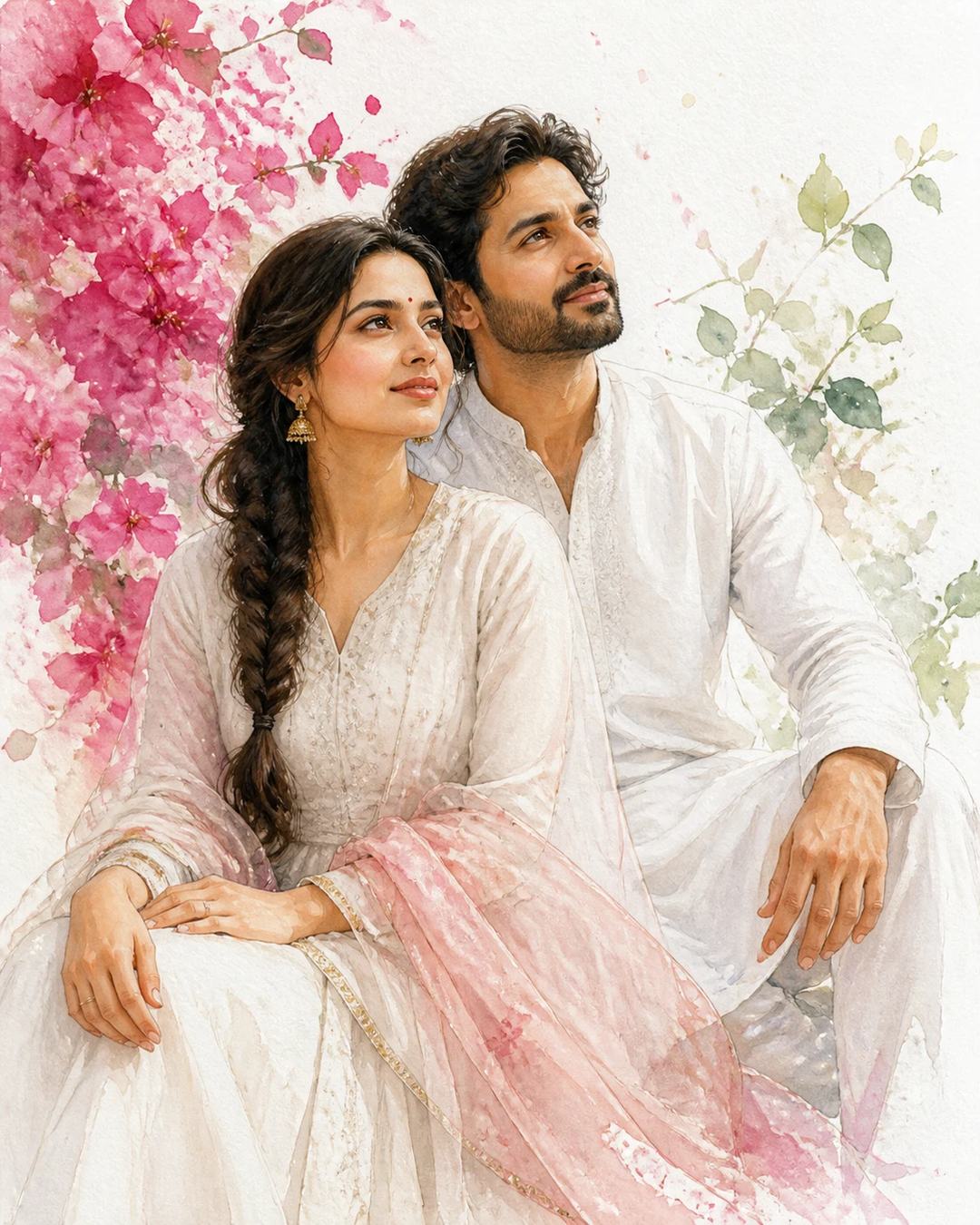 Dreamy Indian Couple Watercolor Portrait AI Prompt — image 3