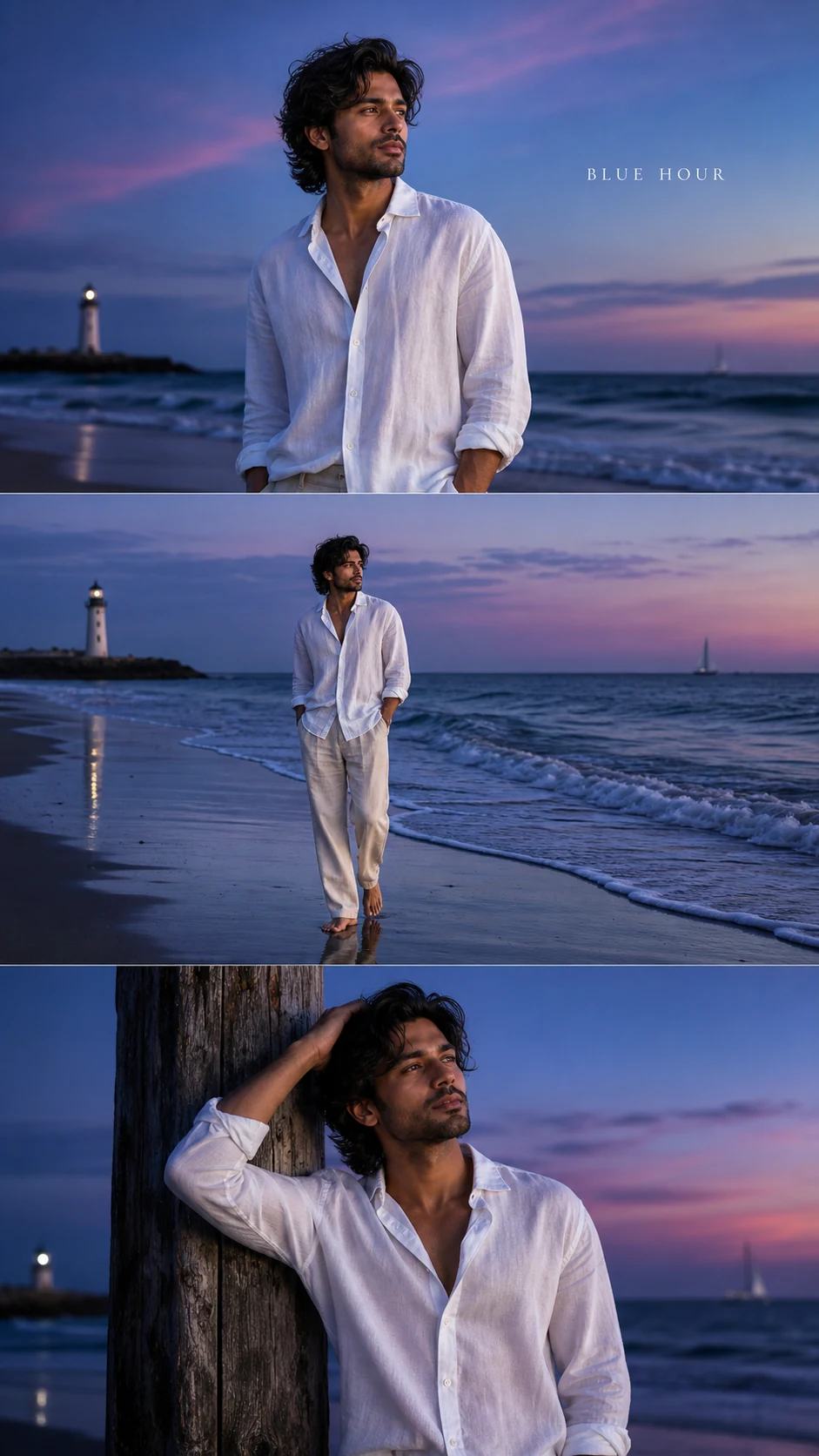 Blue Hour Beach Editorial Triptych Photo Prompt — image 1