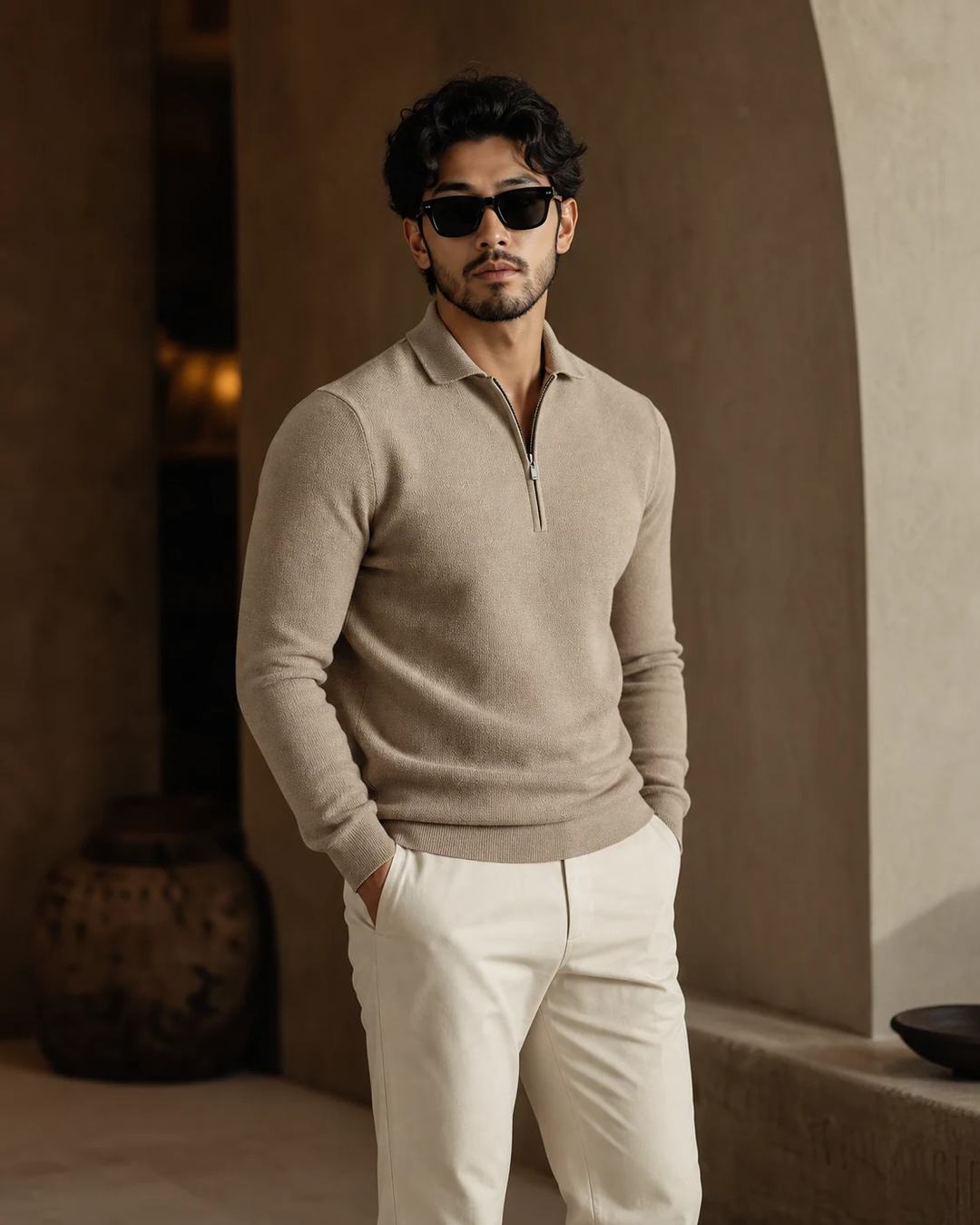 Beige Quarter-Zip Cinematic Editorial Portrait Prompt, image 4