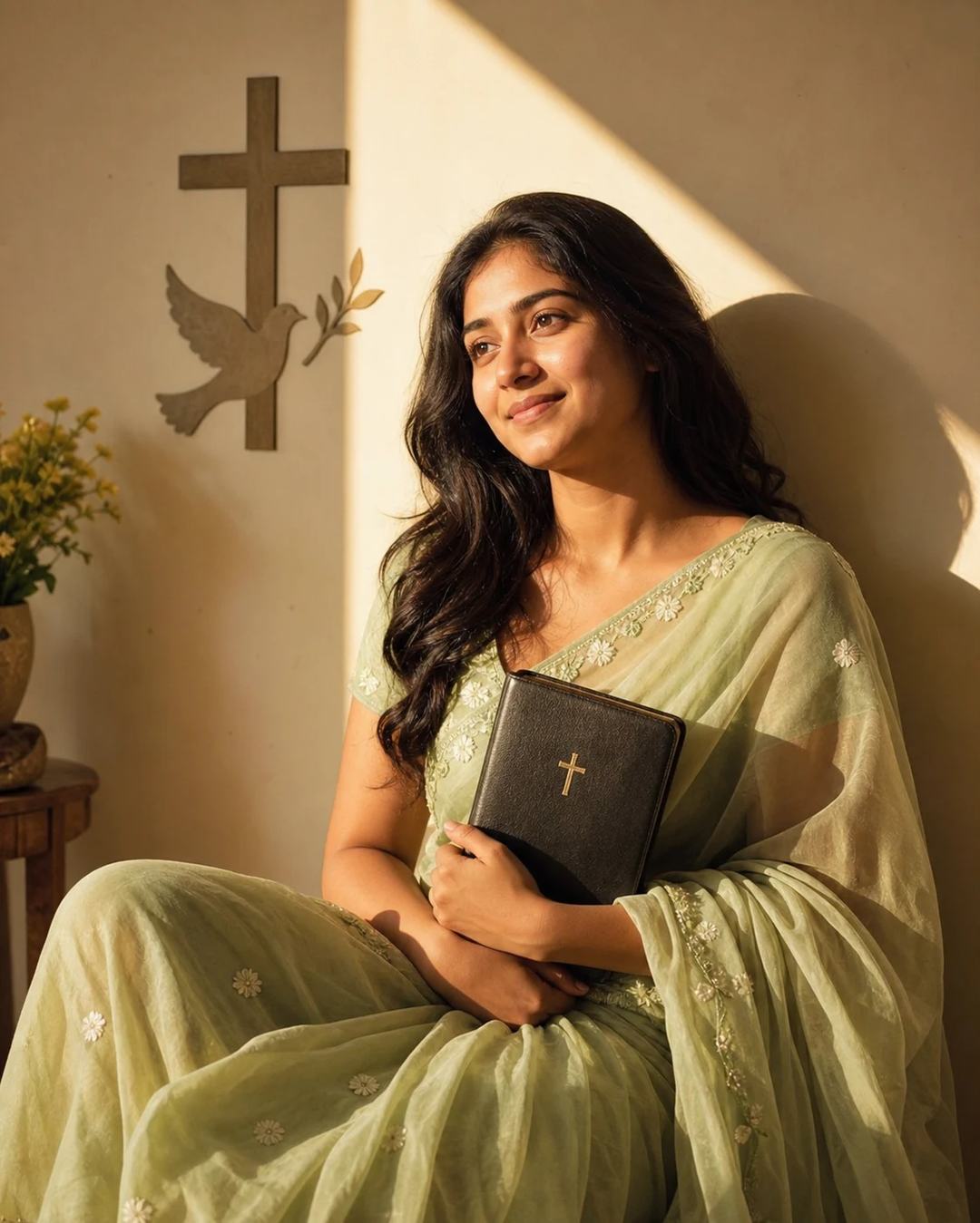 Light Green Saree Golden Faith Portrait Prompt — image 4