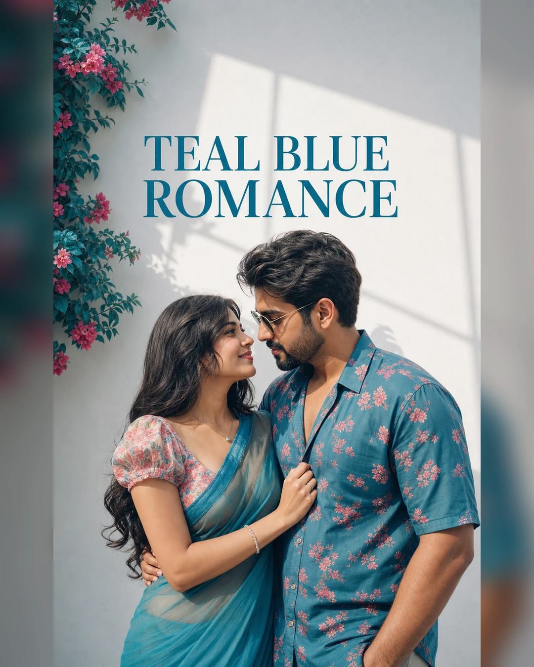 Teal Blue Floral Couple Portrait Photo Editing Prompt — image 1