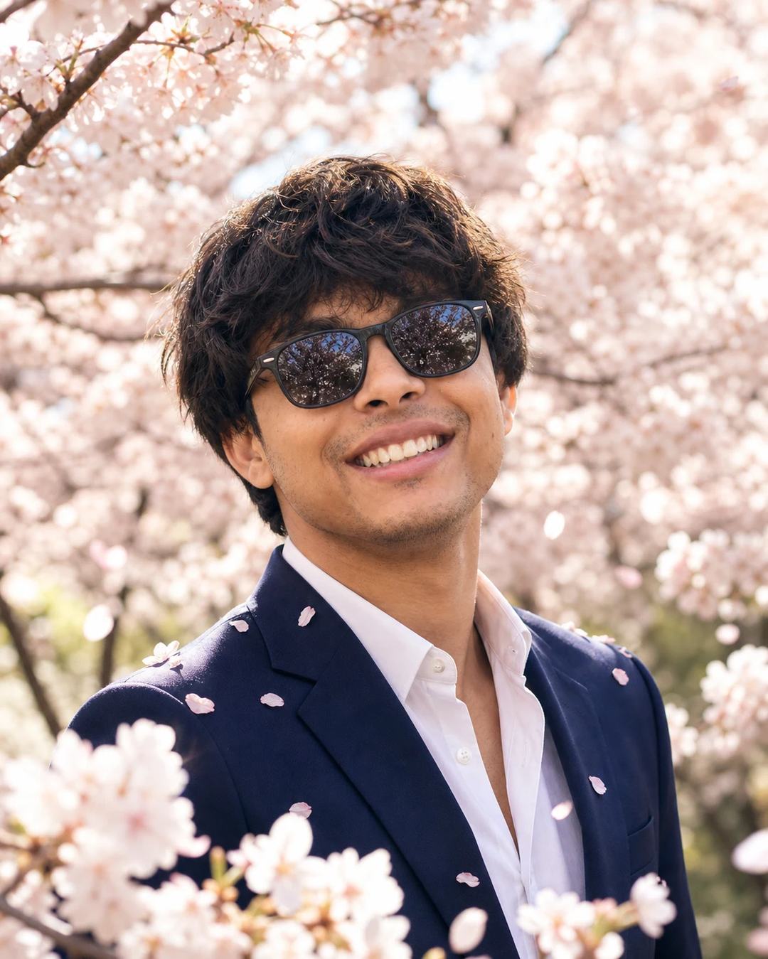 Cherry Blossom Navy Suit Portrait AI Image Prompt, image 1