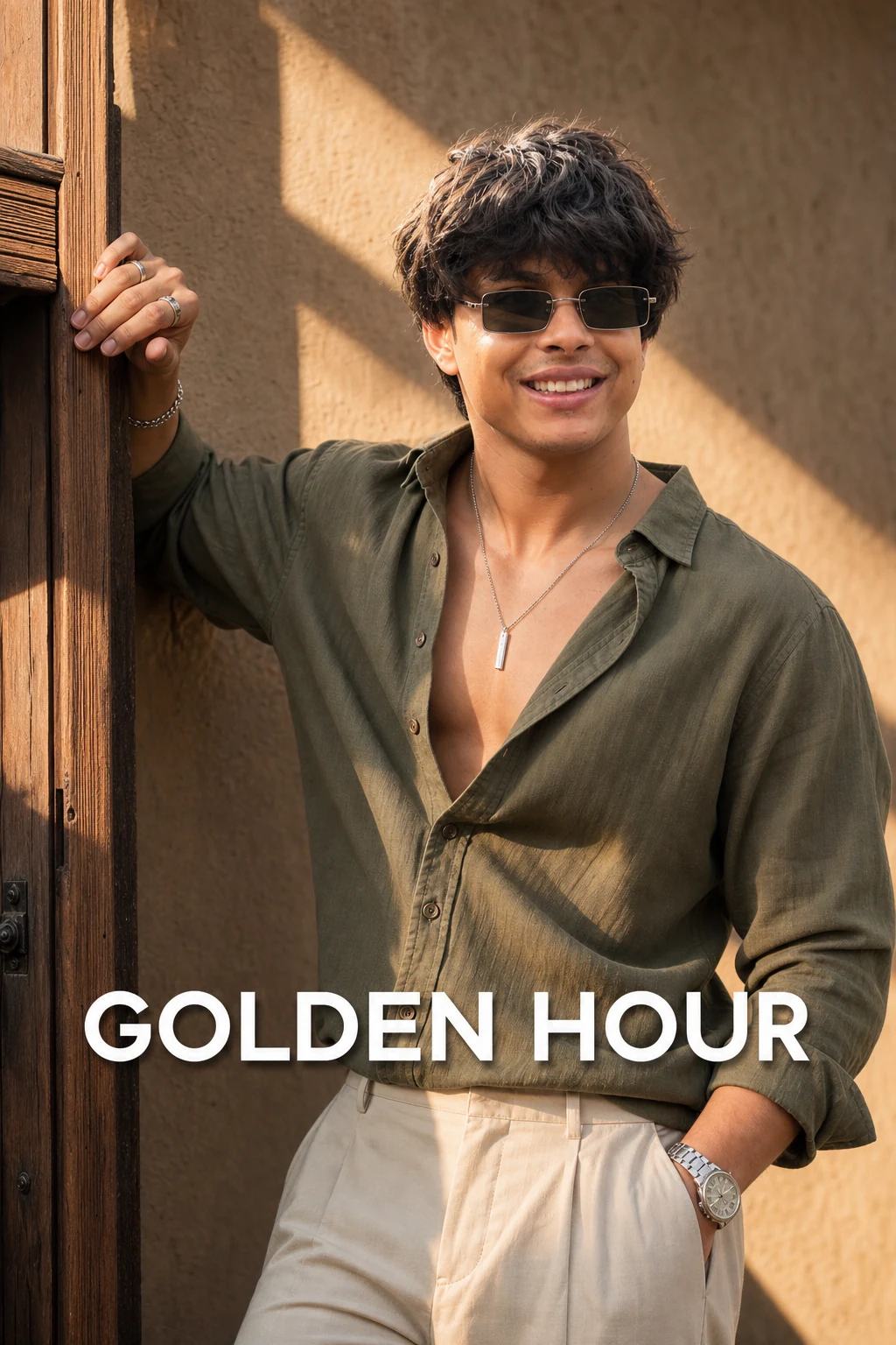 Golden Hour Doorframe Fashion Portrait Prompt, image 1