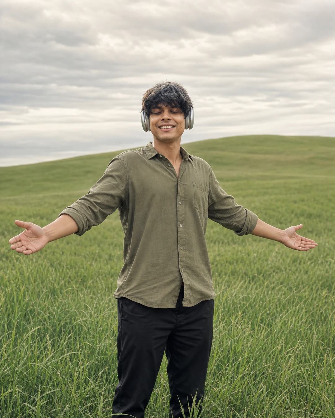 Green Field Headphones Arms Outstretched Photo Prompt, image 2
