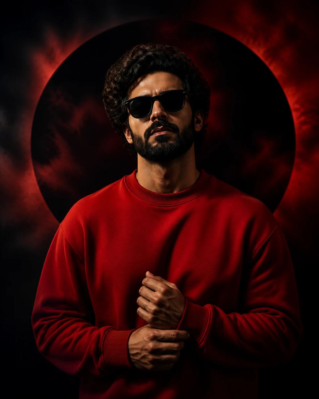 Red Sweatshirt Cinematic Studio Portrait Prompt, image 2