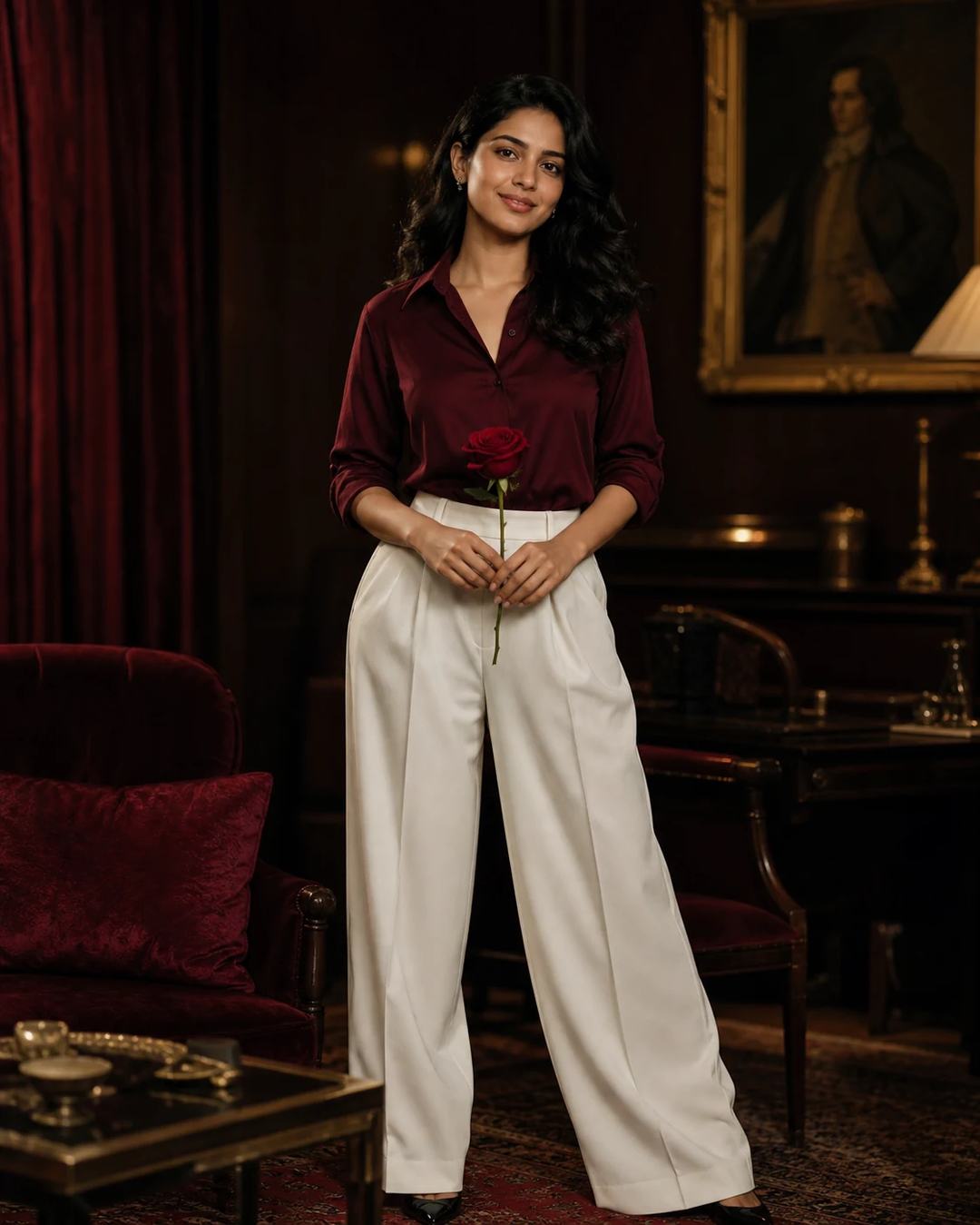 Maroon Old Money Indian Woman Portrait Prompt — image 2