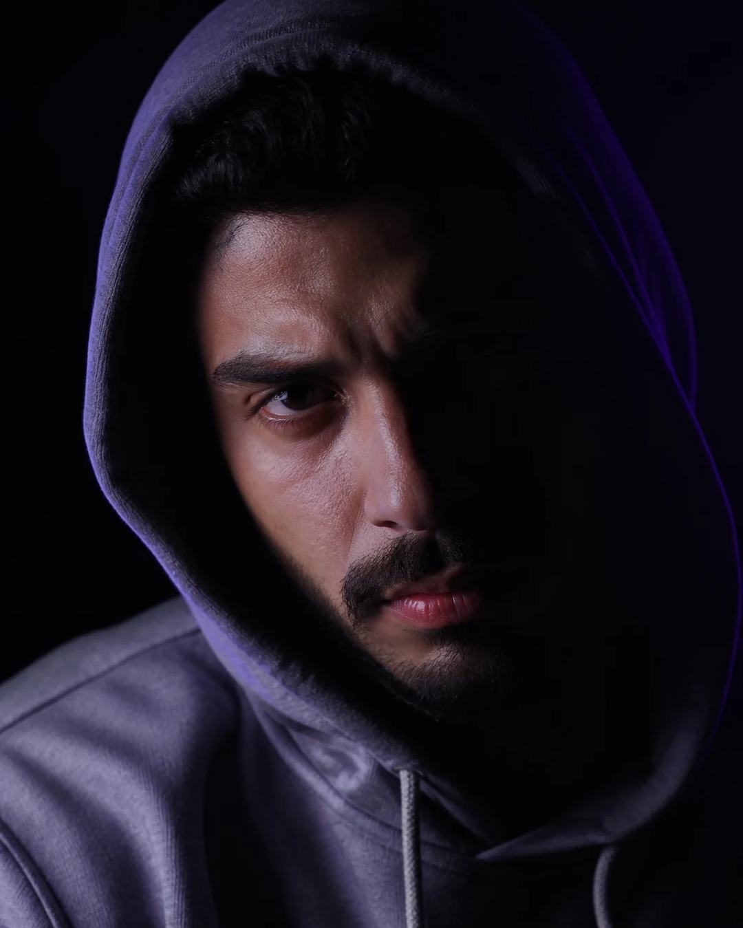 Dark Cinematic Gray Hoodie Editorial Portrait Prompt, image 2