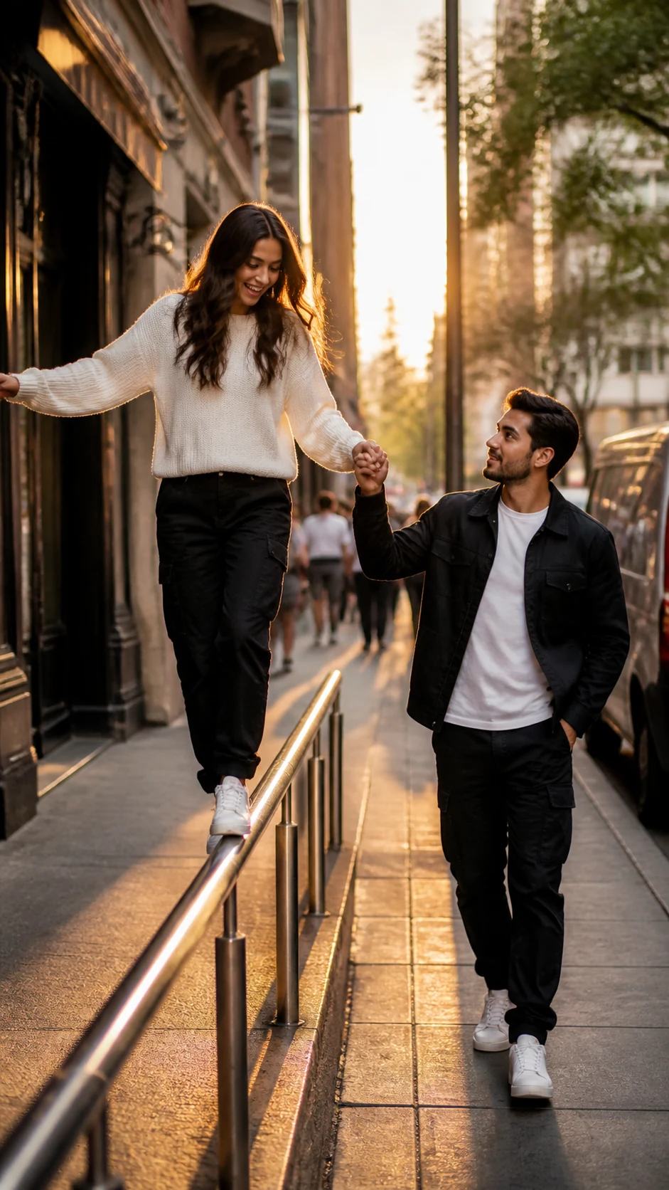 Golden-Hour Handrail Street Stroll Couple Prompt, image 3