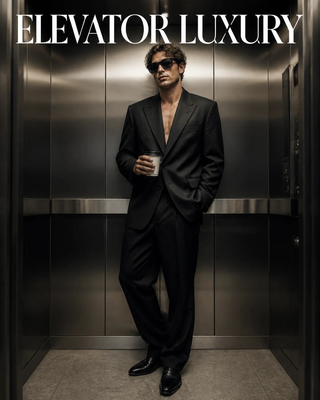 Luxury Elevator Black Suit Fashion Photo Prompt — image 1
