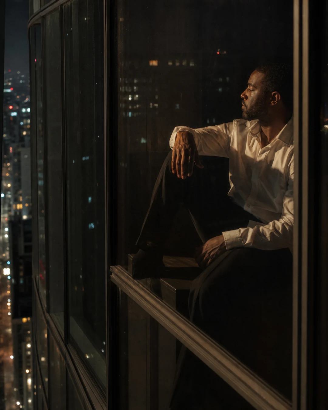 Penthouse Window Neo-Noir Portrait Photography Prompt, image 3