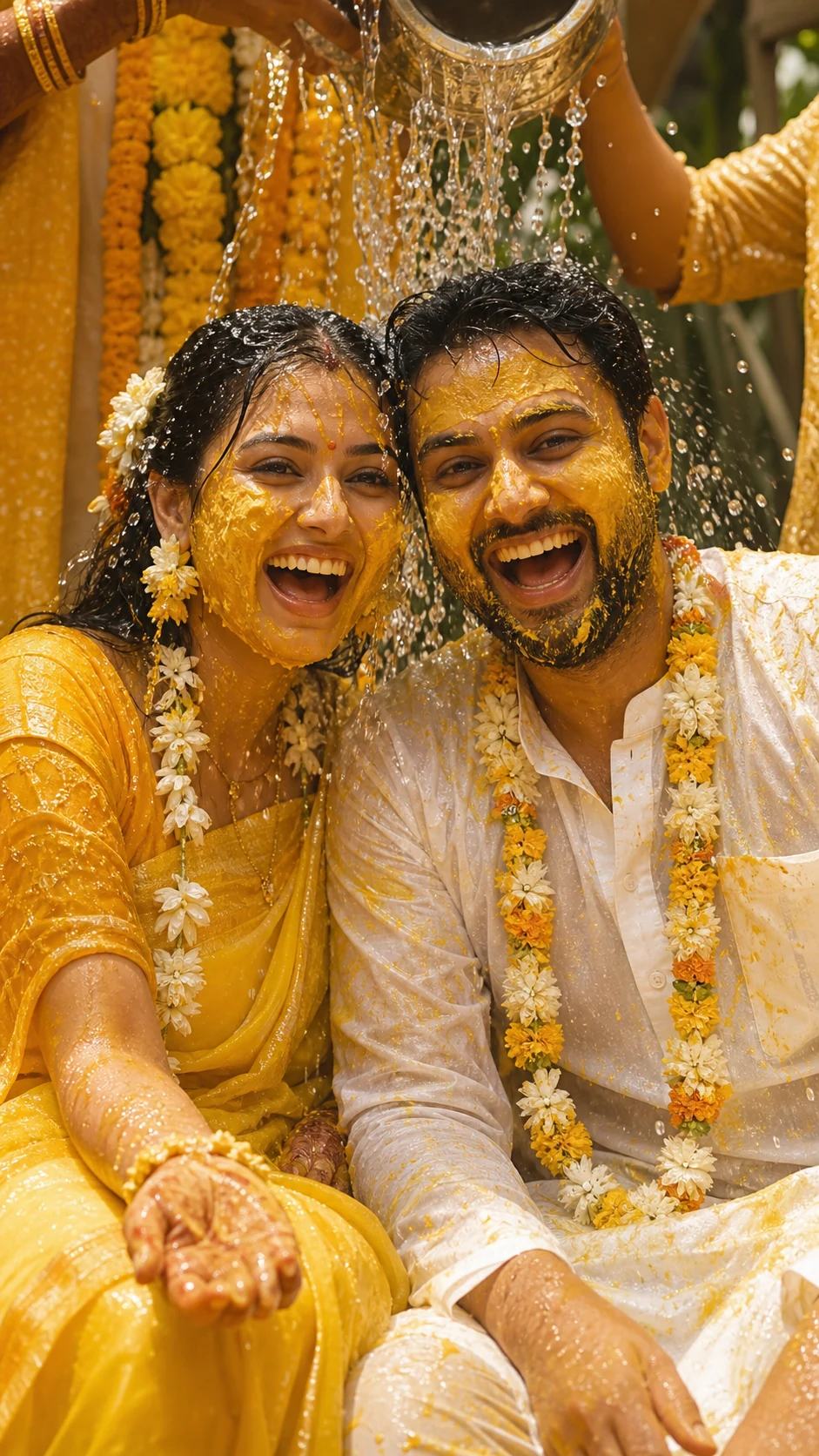 Joyful Water Splash Haldi Couple Portrait Prompt, image 2