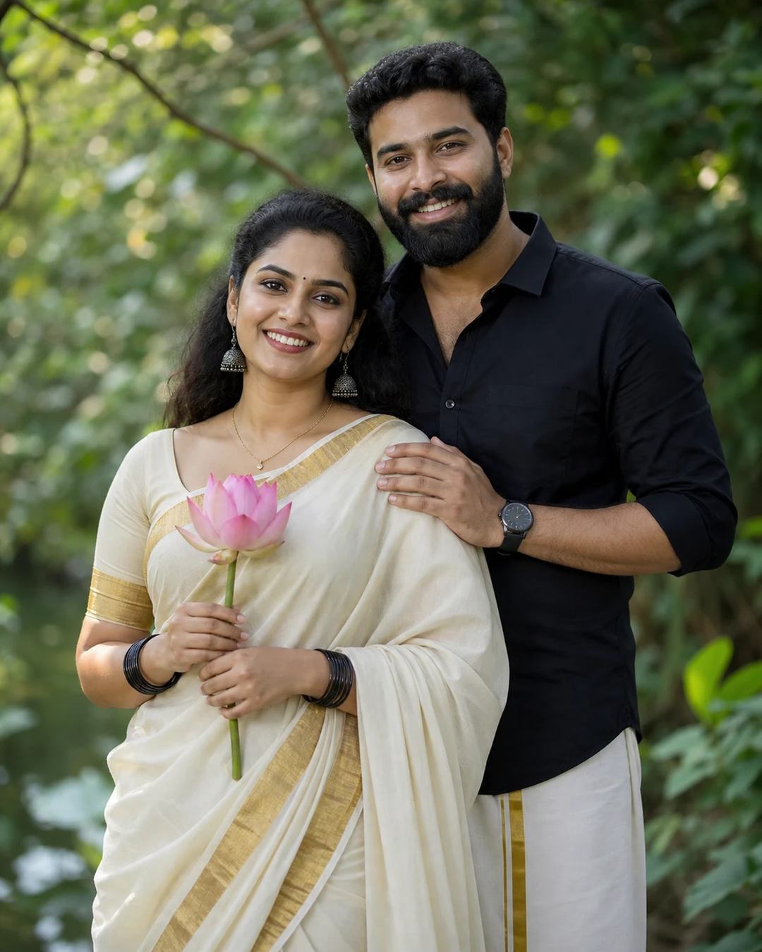 Kerala Saree Lotus Romantic Couple Portrait Prompt — image 3