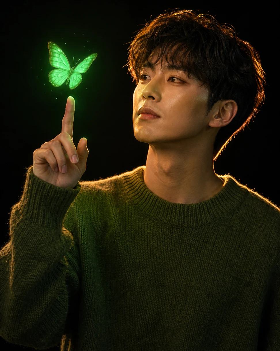 Emerald Green Butterfly Cinematic Portrait Prompt, image 4