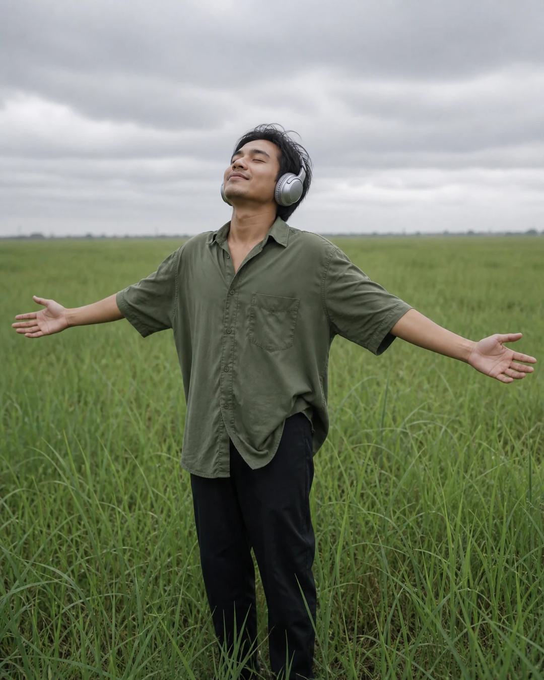 Green Field Headphones Arms Outstretched Photo Prompt, image 4