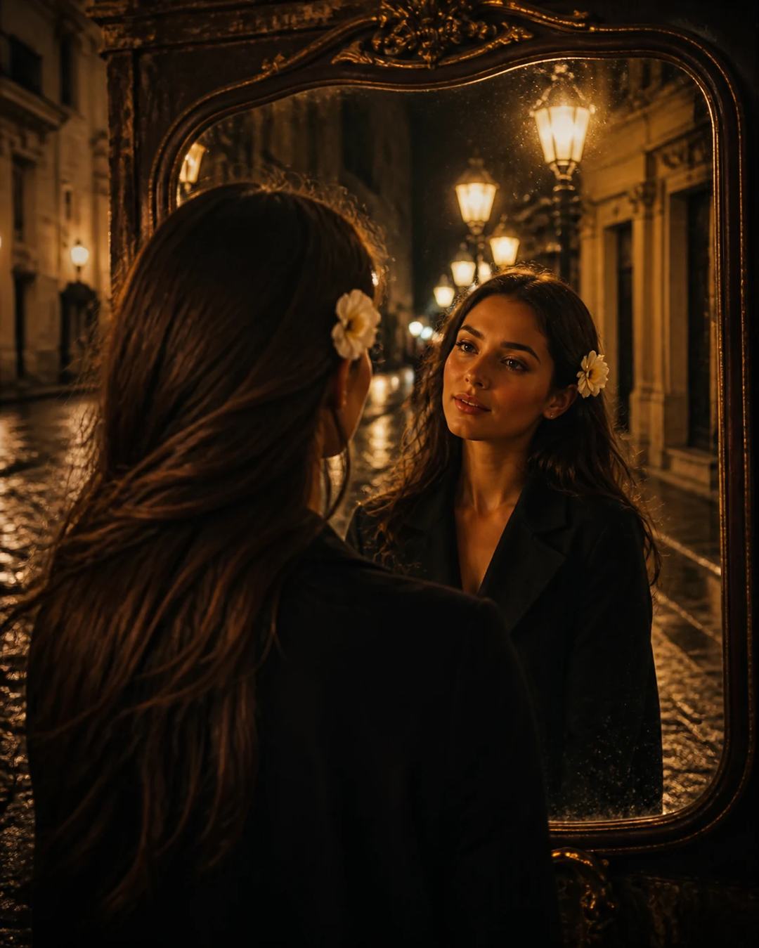 Vintage Mirror Reflection Night Portrait Prompt, image 4