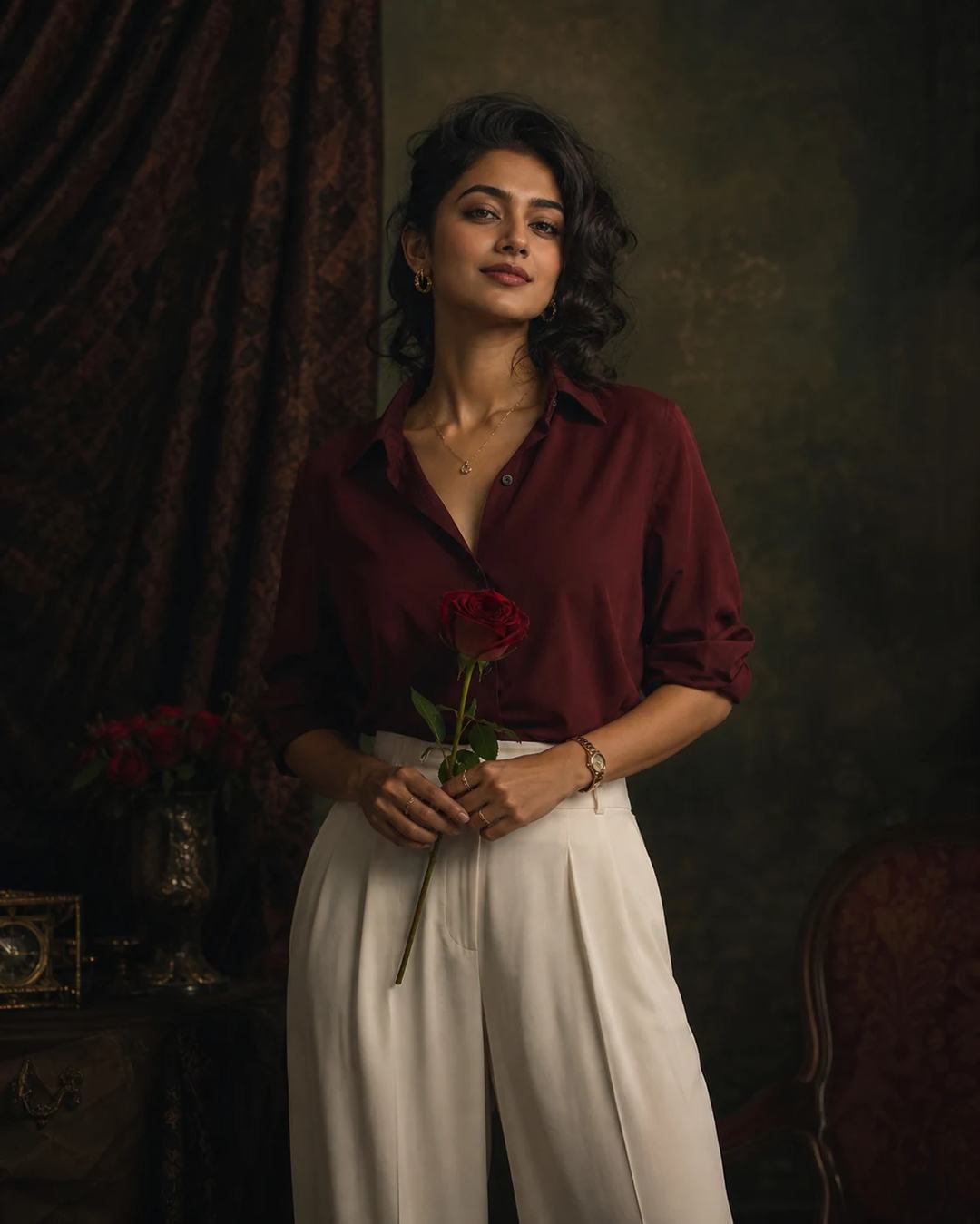 Maroon Old Money Indian Woman Portrait Prompt — image 4