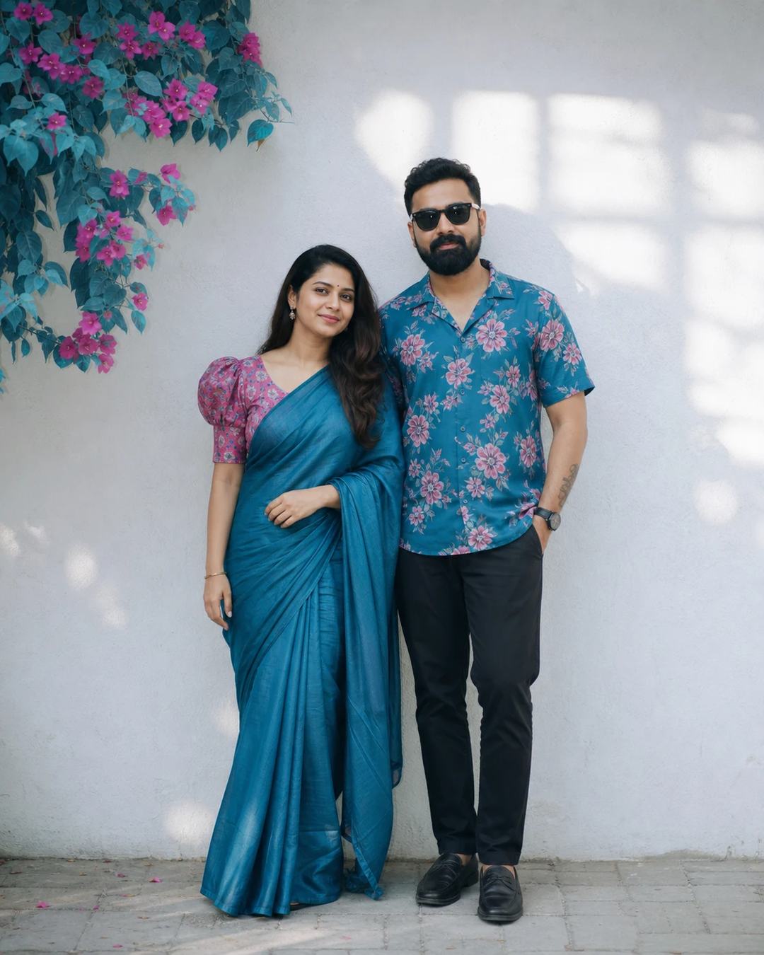 Teal Blue Floral Couple Portrait Photo Editing Prompt — image 4