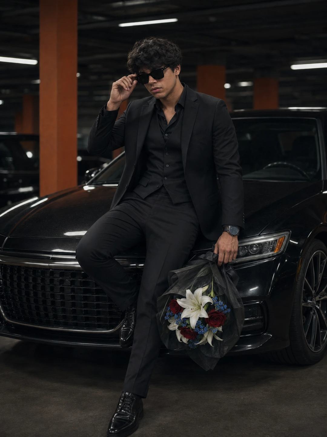 Black Suit Bouquet Portrait – Gemini AI Photo Prompt — image 1
