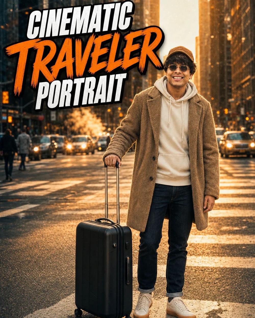 Cinematic Golden-Hour Traveler Street Portrait Prompt — image 1