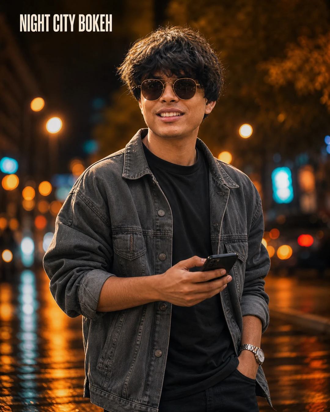 Night City Street Bokeh Portrait Photo Prompt, image 1