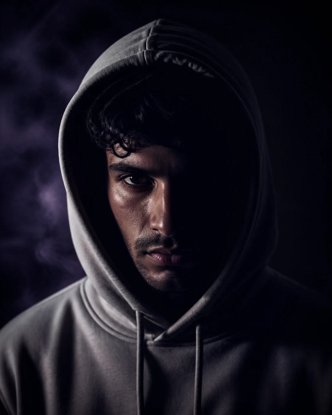 Dark Cinematic Gray Hoodie Editorial Portrait Prompt, image 4