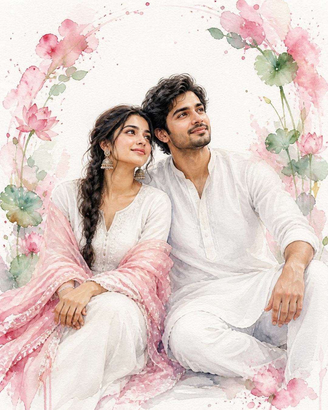 Dreamy Indian Couple Watercolor Portrait AI Prompt — image 4