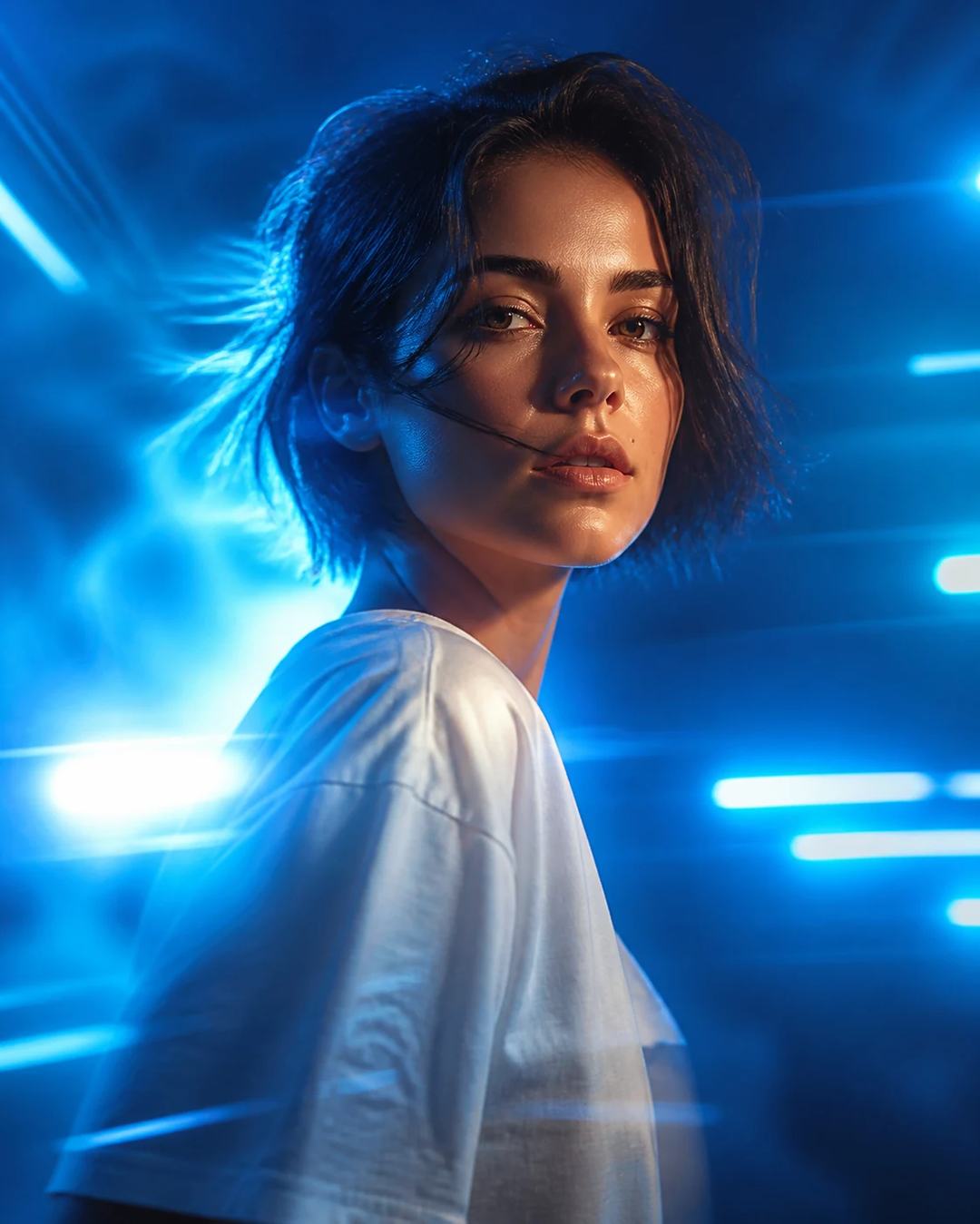Electric Blue Futuristic White Shirt Portrait Prompt, image 3