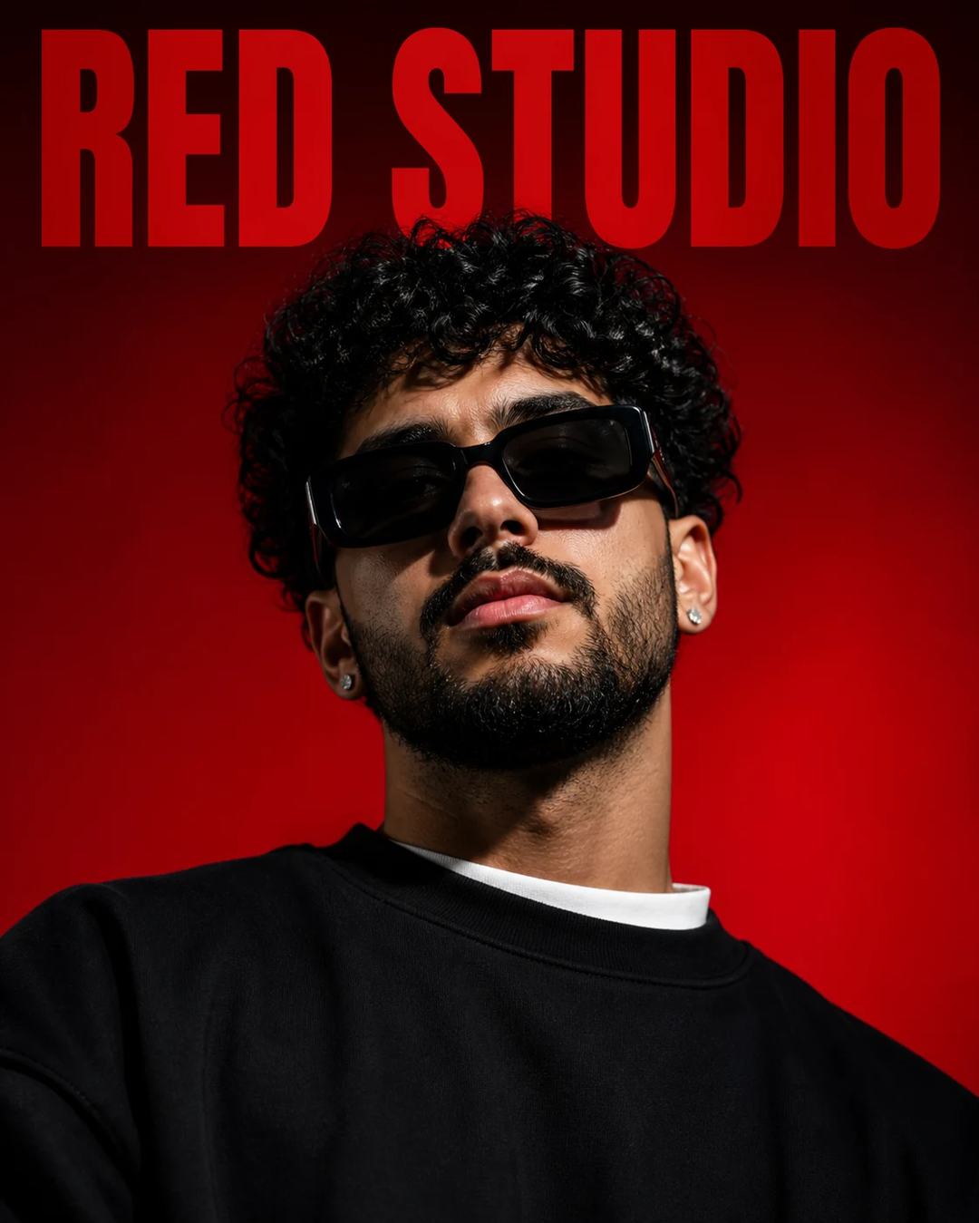 Red Studio Curly Hair Fashion Editorial Portrait Prompt, image 1