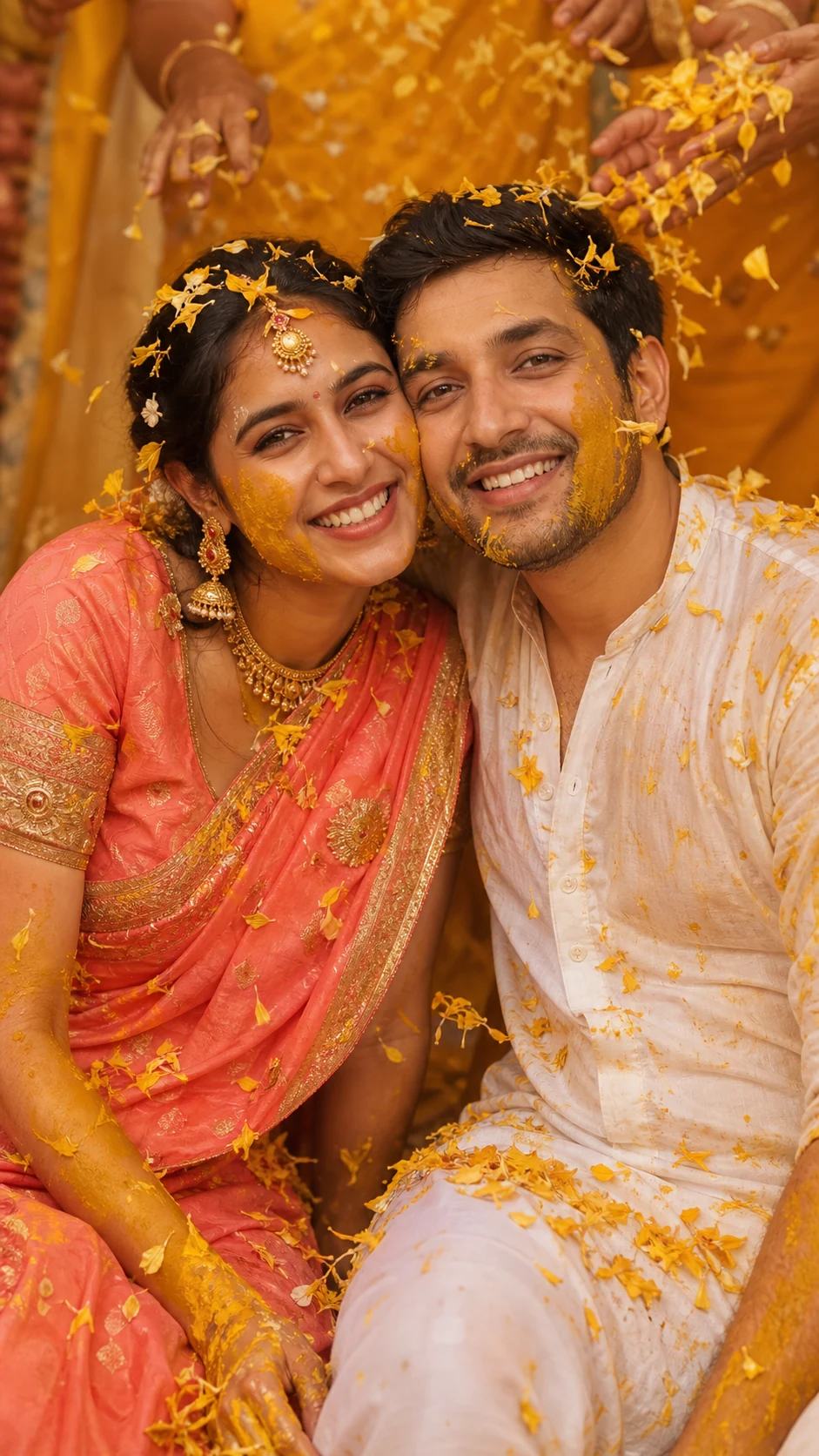Dreamy Cheek-to-Cheek Haldi Couple Portrait Prompt, image 2