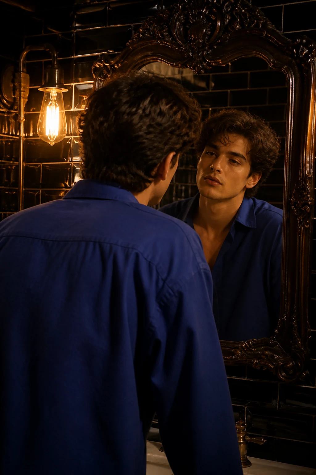 Cinematic Bathroom Mirror Over-Shoulder Portrait Prompt, image 3