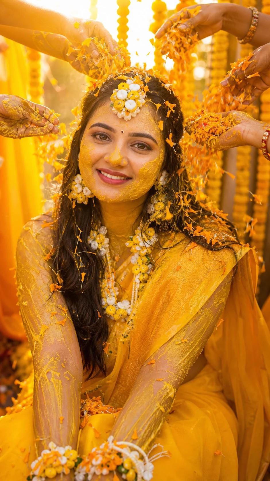 Golden Marigold Petal Shower Haldi Portrait Prompt, image 4
