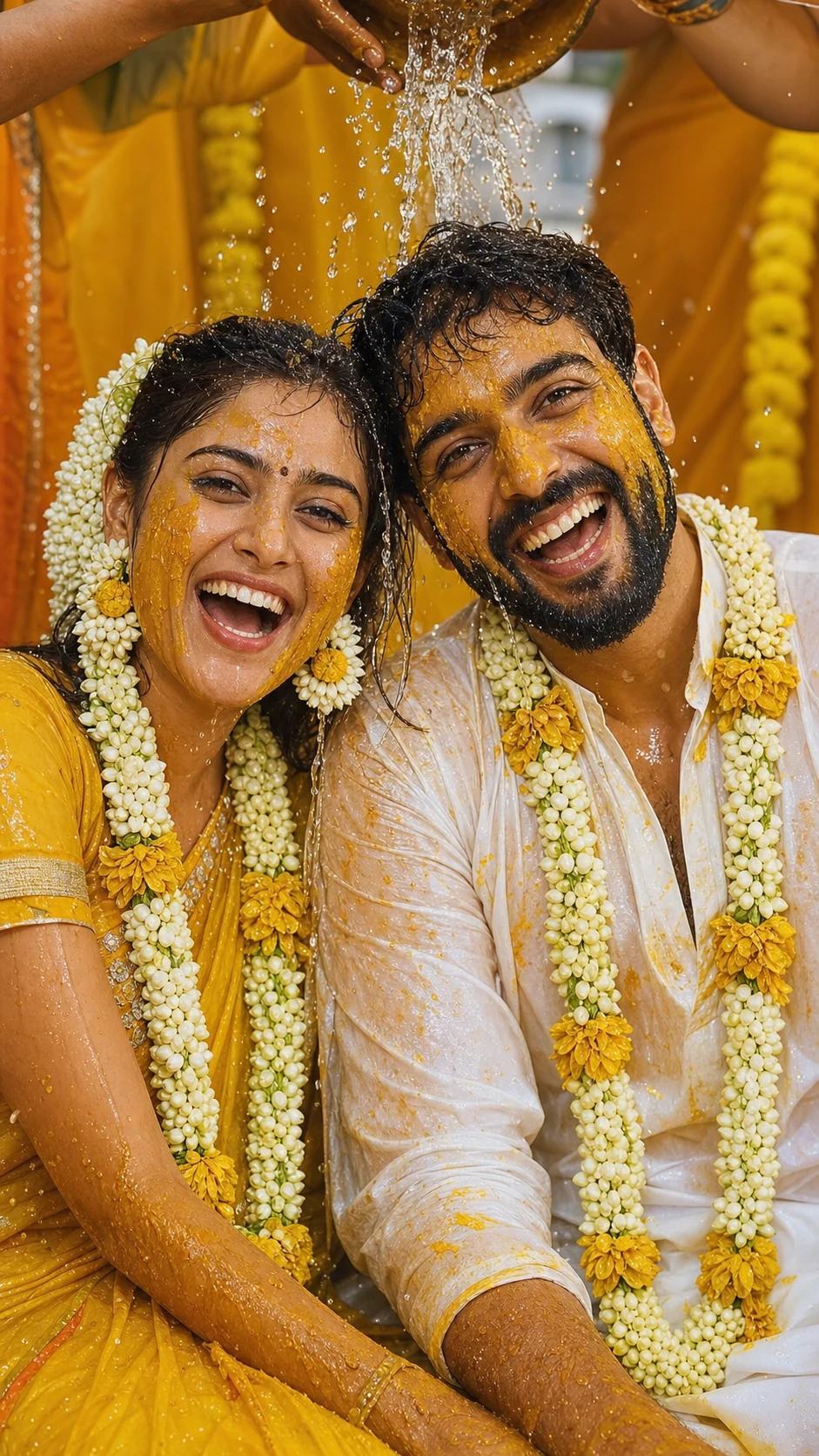 Joyful Water Splash Haldi Couple Portrait Prompt, image 3