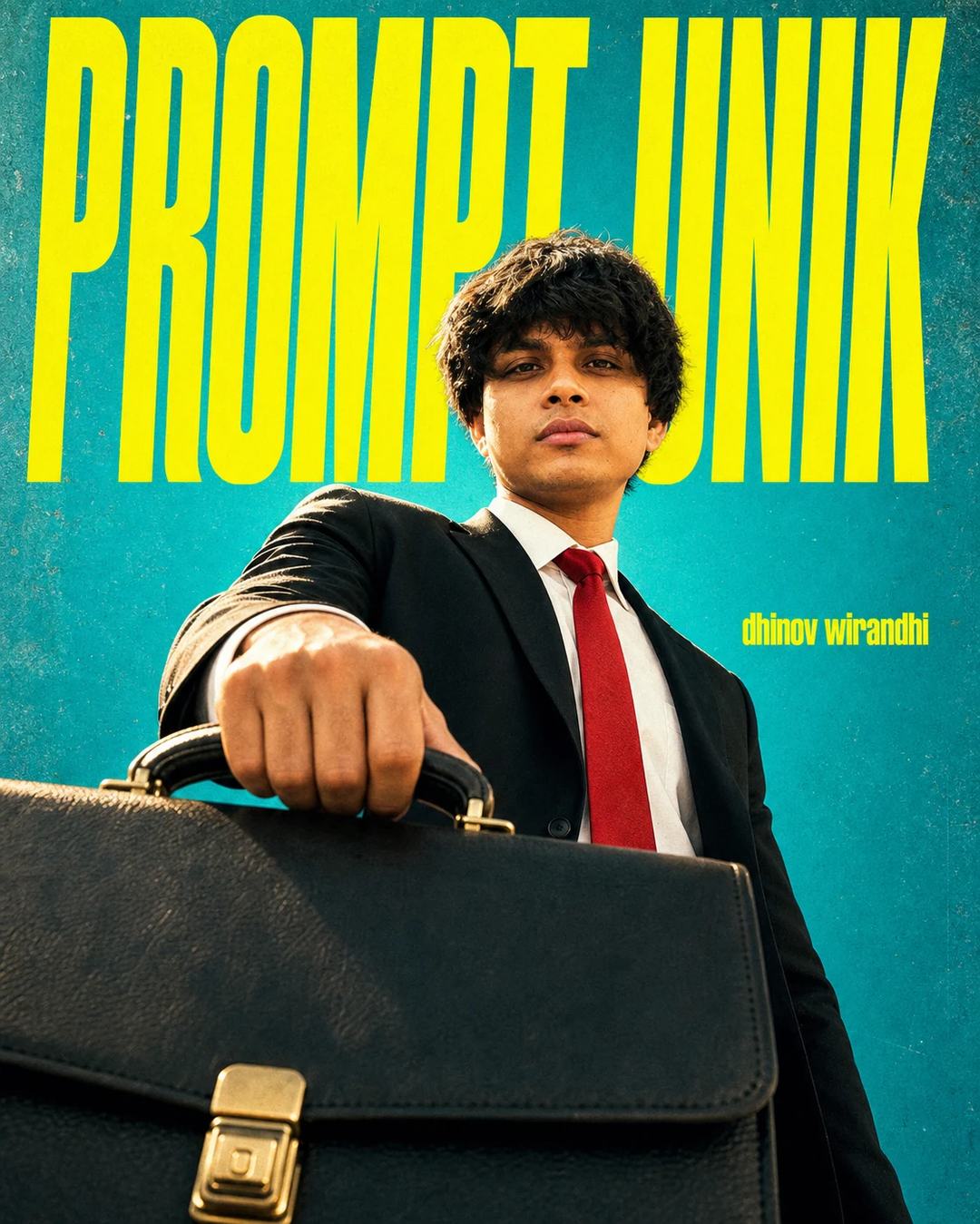 Indonesian Teal Suit Briefcase Fashion Poster Prompt, image 1