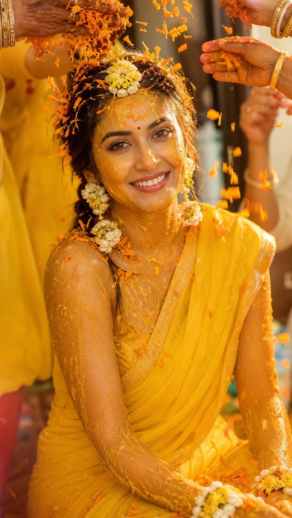 Golden Marigold Petal Shower Haldi Portrait Prompt, image 2