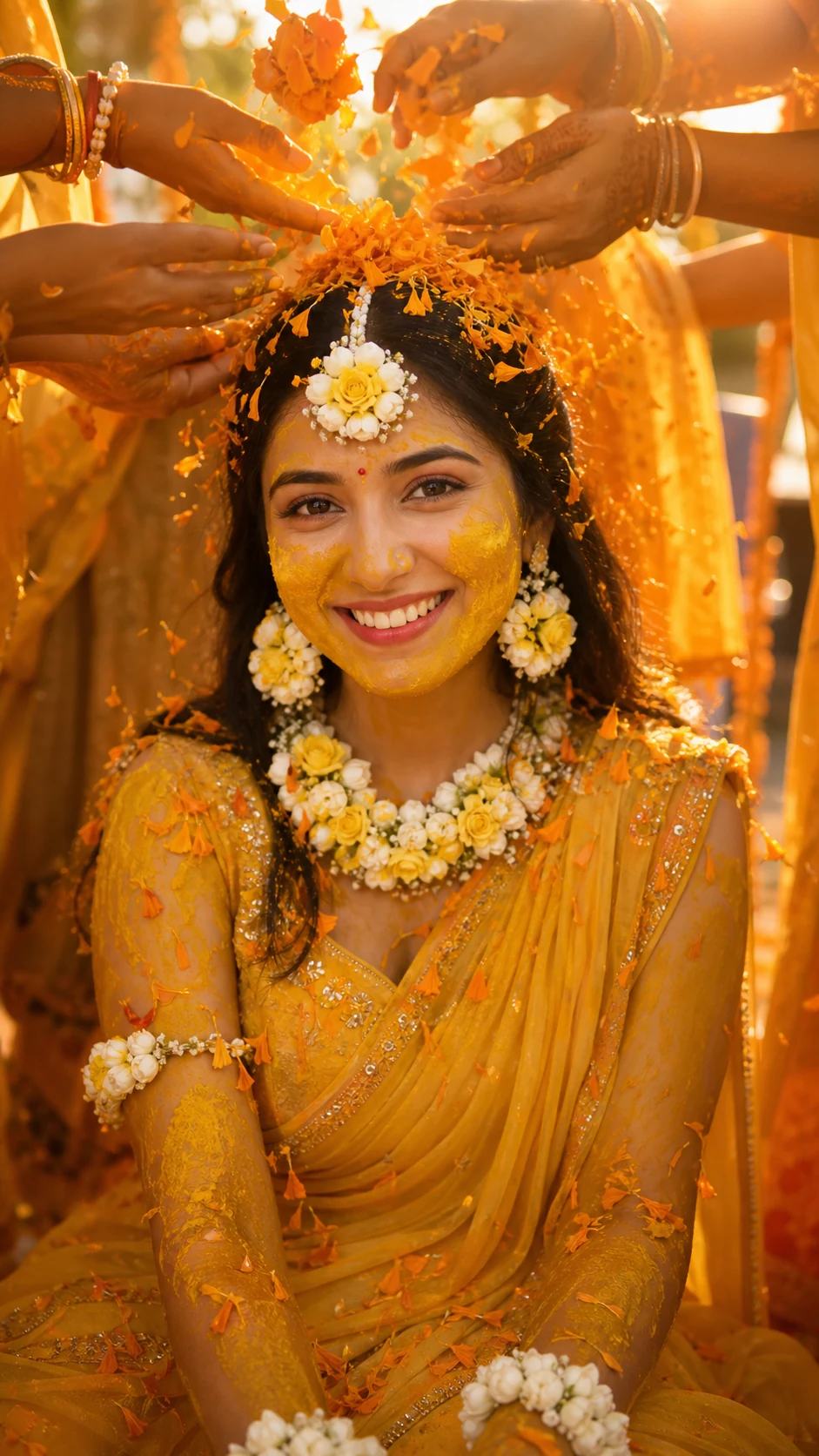 Golden Marigold Petal Shower Haldi Portrait Prompt, image 3