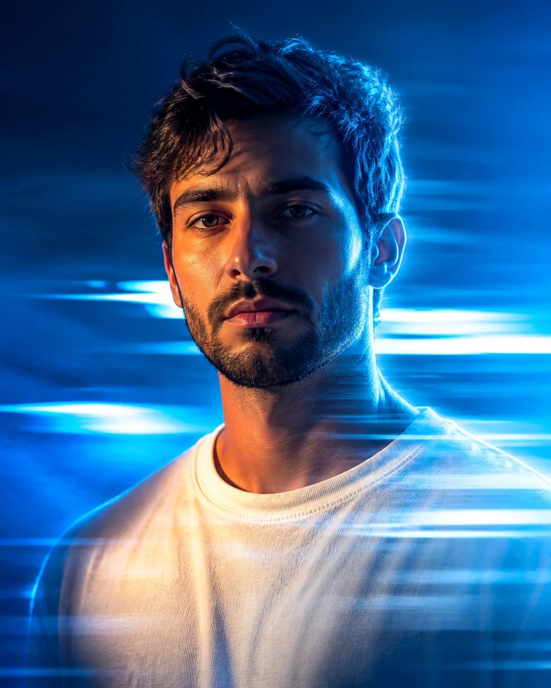 Electric Blue Futuristic White Shirt Portrait Prompt, image 4