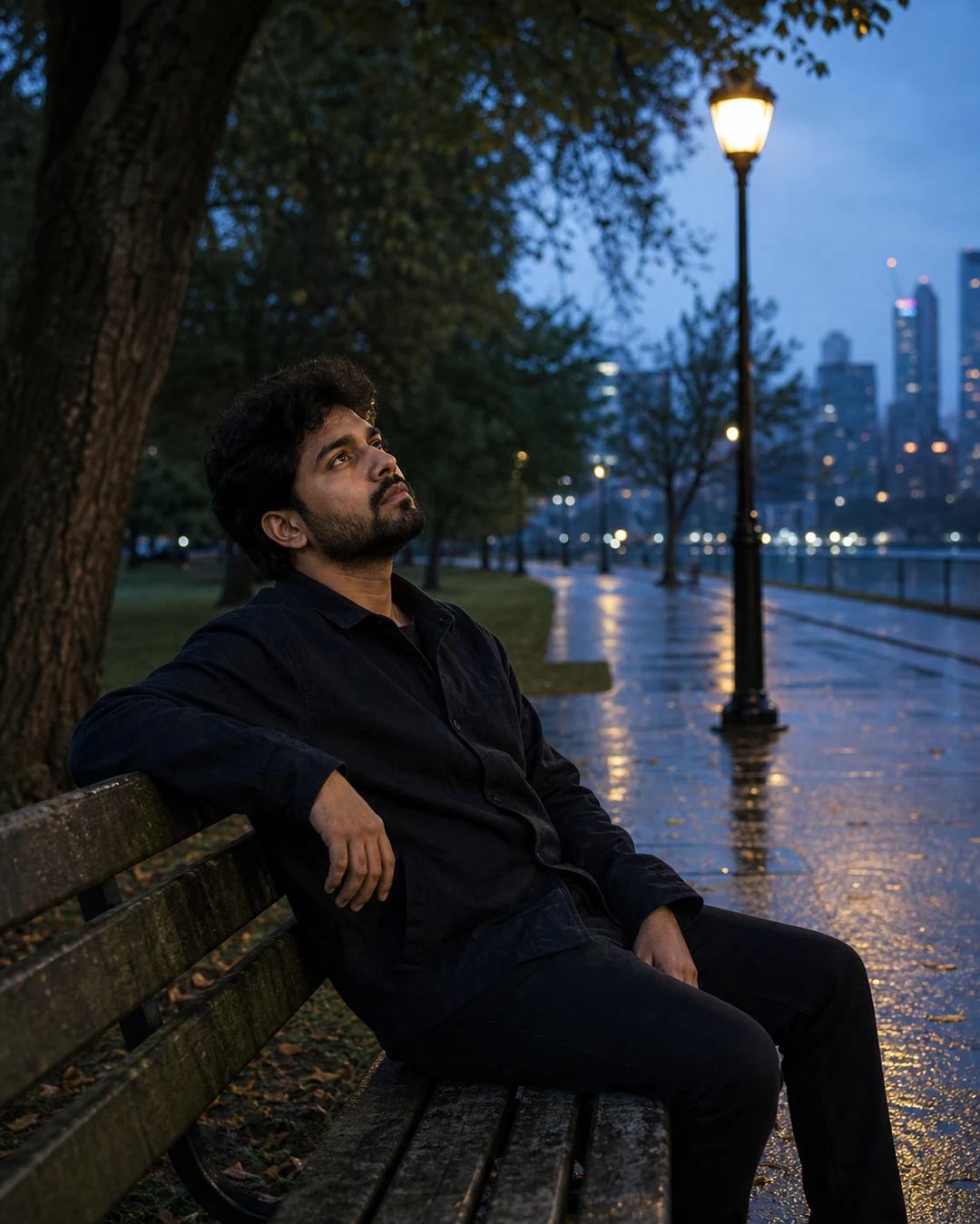 Quiet Park Bench Blue Hour Portrait Photo Prompt, image 4