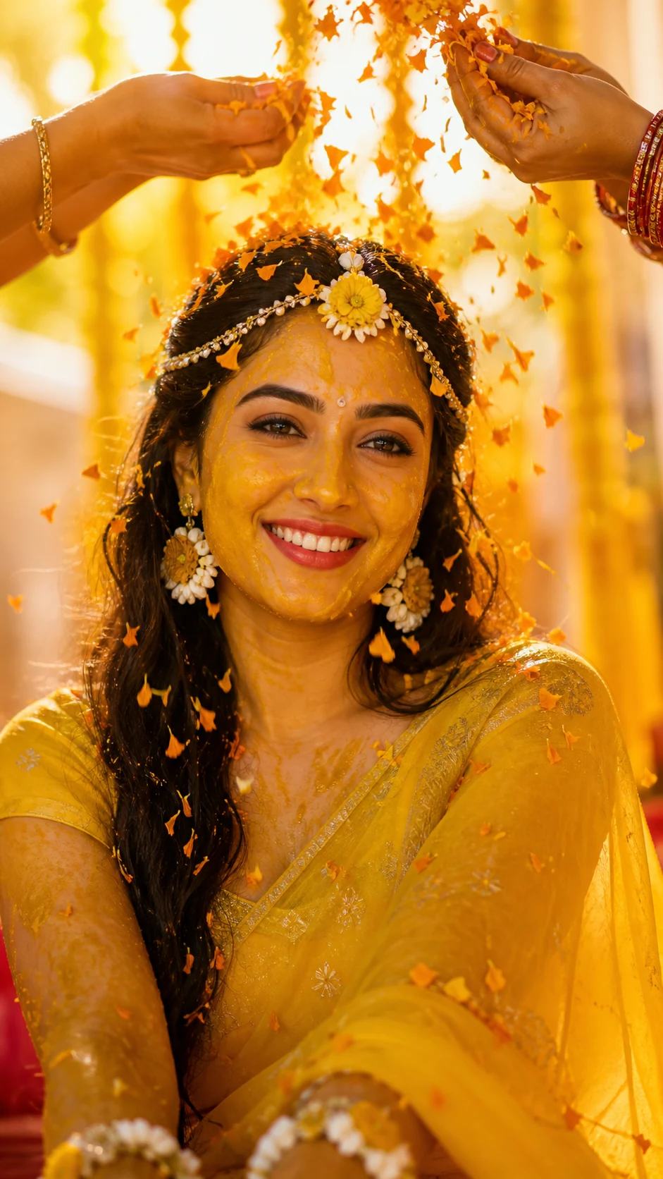 Golden Marigold Petal Shower Haldi Portrait Prompt, image 1